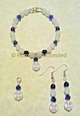PULSERA COLGANTE Y PENDIENTES LUNA AZUL COBALTO piedras preciosas y cuentas de vidrio Wicca Reiki Foto 1 de 4