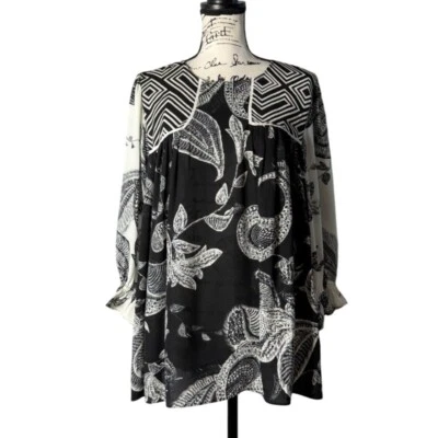 Blusa fluida cachemira geométrica negra blanca rosa + oliva para mujer 1X Lagenlook Foto 1 de 4