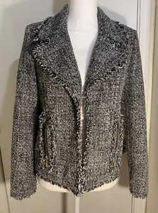 MICHAEL KORS blazer jacket women's SZ 4 TWEED black white /BRASS LOGO ZIPPER EUC - Picture 1 of 12