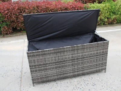 NEW RATTAN PLASTIC GARDEN WICKER STORAGE BOX CUSHIONS WATERPROOF CHEST GREY - Image 1 of 2
