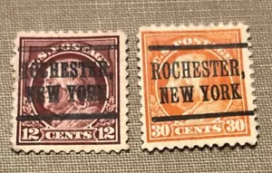 2 ROCHESTER NY PRECANCEL TYPE 219 12C CLARET BROWN & 30C ORANGE RED FRAKLIN BP1 - Picture 1 of 3