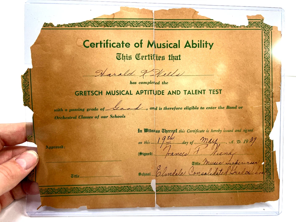 Certificado de prueba de talento de aptitud musical Gretsch 1939 inusual de colección  Foto 1 de 4