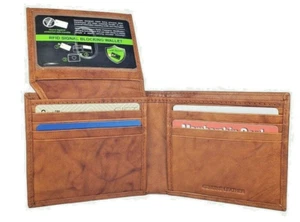Men's Genuine Leather RFID Security Tan Bifold Wallet With Inside Zipper - Picture 1 of 4