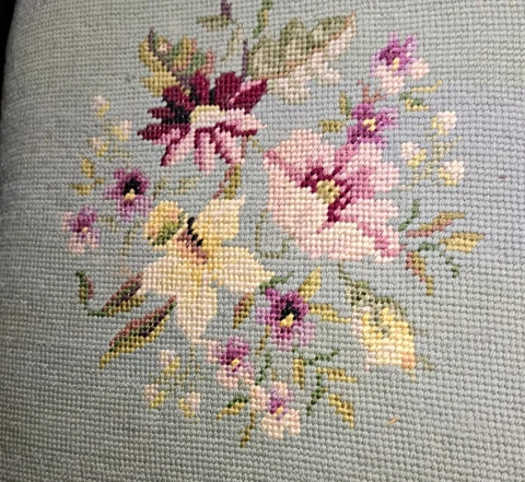 Vintage Handmade Floral Pastel Needlepoint Footstool White Wood Victorian Style Cover