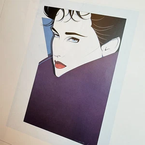 Patrick Nagel Vintage Druck Frau in lila schwarzen Haaren blaue Augen Power Pop Art Dekor - Bild 1 von 8