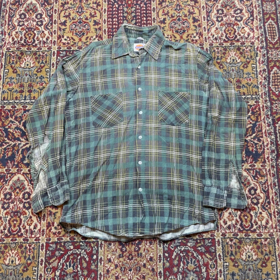 VTG 70s 80s Dickies Men's Plaid Flannel Long Sleeve Shirt Green brown Size M - Image 1 of 4