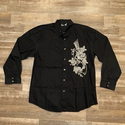 Brooklyn Xpress Embroidered Button Up Shirt XL Men’s Black Y2K Rhinestone Skull  - Image 1 of 4