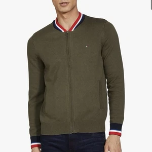 Tommy Hilfiger Men’s Full Zip Sweater Olive Green Small S Red White Blue Trim - Picture 1 of 9