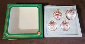 Vintage Glass Ornaments Pink Heart W/ Flower Round Striped 4 Pack GC 132 - Picture 1 of 17