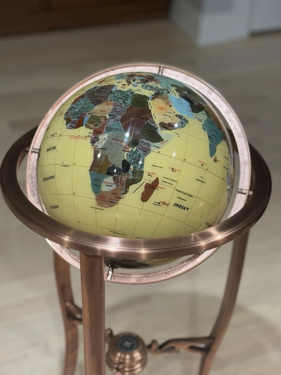 14 Inch Mother Of Pearl Gemstone Globe With Gold Stand - Handcrafted Semi-Precious Stone World