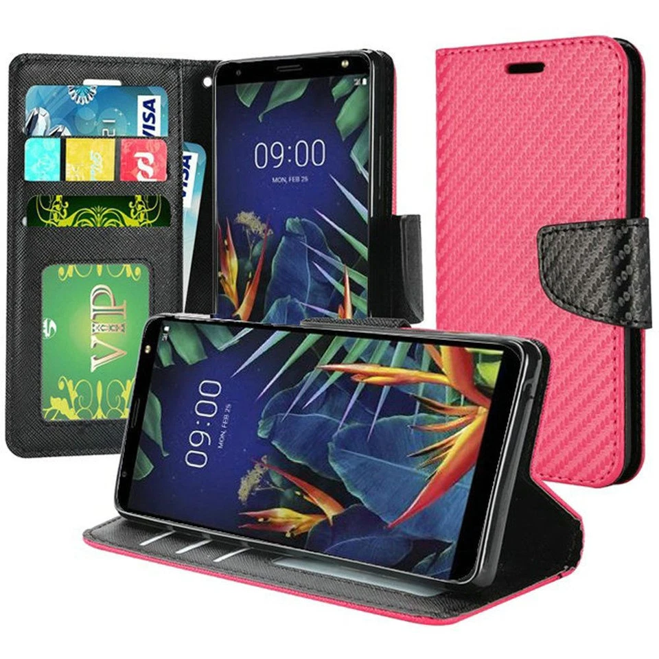 GSA Carbon Fiber Flip Wallet Case for LG K40, Harmony 3 - Hot Pink/Black - Image 1 of 1