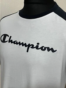 Champion White Blue Short Sleeve Cotton T-Shirt Men’s Size Medium Spell Out - Picture 1 of 15