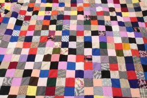 Vtg Quilt Top Polyester Knit Square Patchwork Bright Colors 87 x 103 Hand Pieced - Picture 1 of 7