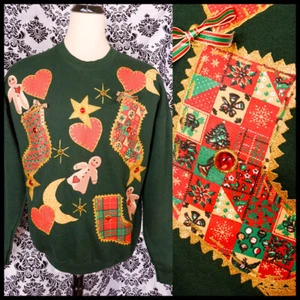 vtg 90s NWT HANDPAINTED 3D rhinestone bow metallic QUILT UGLY XMAS SWEATER XL 2X - Picture 1 of 11