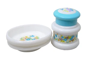 Vtg 70s Avon English Provincial MILK GLASS JAR & SOAP DISH Floral Blue Vanity - Picture 1 of 6