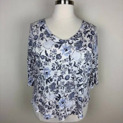 Camiseta Pullover Rachel Zoe Lino Talla 2X Azul Blanco Floral Cuello en V Mangas 3/4 Foto 1 de 4