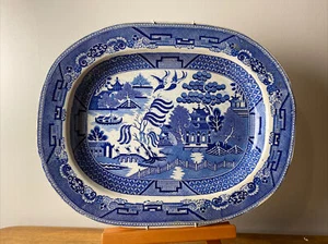 18” Antique Thomas Fell Platter 1830 Asian Staffordshire Blue Willow Ironware - Picture 1 of 12