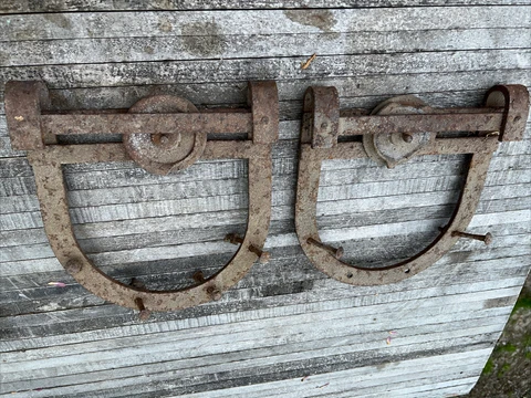 Vintage Old  U Shaped cast iron & Steel Barn Door Rollers Hangers Set Cover