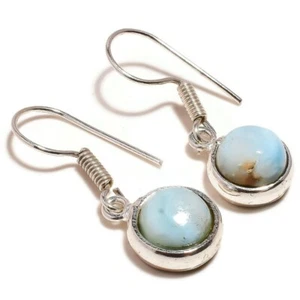 Caribbean Blue Larimar Cabochon Round Gemstone Handmade Drop Dangle Earrings - Picture 1 of 3