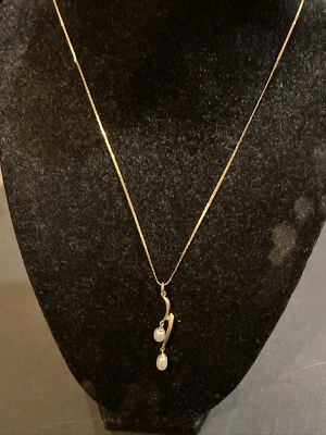 14K Yellow Gold Diamond Pearl Dangle Pendant Necklace - Image 1 of 4