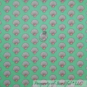 BonEful Fabric FQ Cotton Quilt Green White Pearl B&W Sea Shell Girl Beach Stripe - Picture 1 of 11