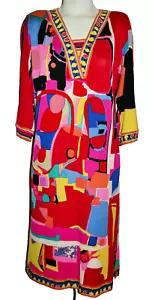 VTG 70s LEONARD Signed Rare MIKADO Silk Stretchy Jersey Graphic Print 3/4 Dress - Picture 1 of 12