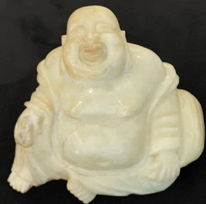 Vintage alte weiße cremefarbene harte Stein Jade/Jadeit/Nephrit lachender Buddha Figur - Bild 1 von 8