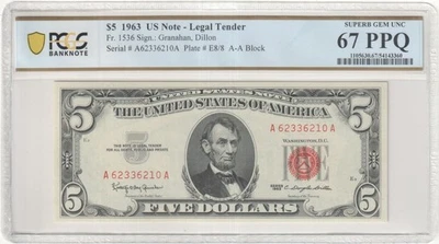 1963 $5 Legal Tender Note  Fr-1536 PCGS67 Superb Gem PPQ - Image 1 of 2