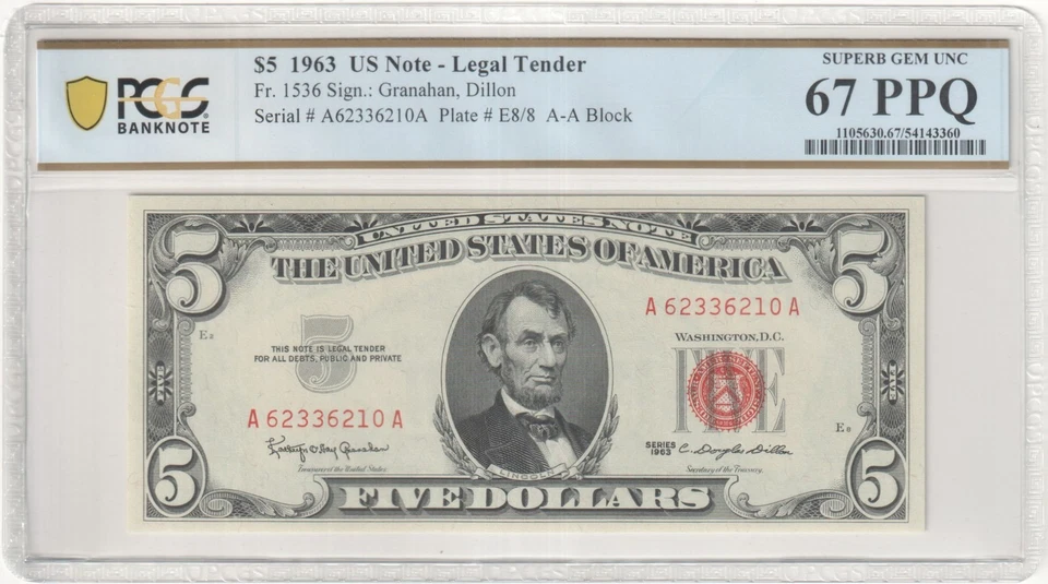 1963 $5 Legal Tender Note  Fr-1536 PCGS67 Superb Gem PPQ - Image 1 of 2