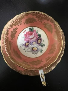 Paragon Double Warrant Floating Cabbage Rose Red Tea Cup Saucer Gold Filigree - Picture 1 of 15