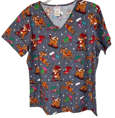 Rudolph the Red Nose Reindeer Scrub Top Size Medium M 2 Front Pockets V Neck - Image 1 of 4