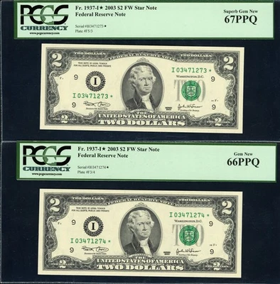 Fr. 1937-I* (I* Block) 2003 $2 Minneapolis Notes PCGS 66 PPQ & 67 PPQ Sequential - Image 1 of 2