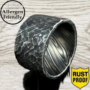 15mm Ultra Wide Raw Damascus Steel Men Hammered Ring Hand Forged Band Mens Thick - Picture 1 of 10