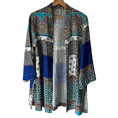 Chaqueta Plumero Chico's Talla 2P US 12 Petite Patchwork Lino Frente Abierto Manga 3/4 Foto 1 de 4