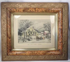 Currier & Ives Das alte Bauernhaus Druck gerahmt falsche Schildkrötenfarbe 1870er Jahre - Bild 1 von 8