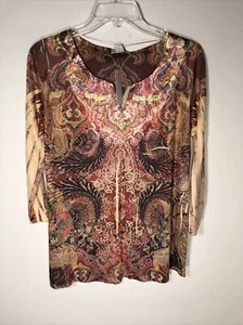Live & Let Live Women's PL Yellow Multi 3/4 Sleeve Embellished Pop Over Top New - Picture 1 of 9