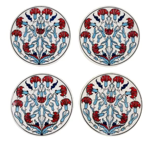 3.5" Turkish Handmade 4 Piece Ceramic Coaster Set Large Floral Coaster Trivet - Picture 1 of 3
