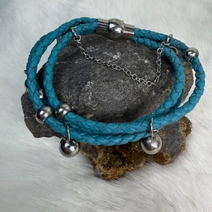 Blue Leather Corded Bracelet 3-Strand w/ Silver Beads and Dangles Magnetic 7.5" - Picture 1 of 7