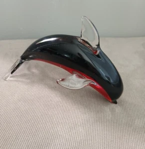 Vintage Murano Hand Blown Art Glass Leaping Dolphin Red & Black - Picture 1 of 9