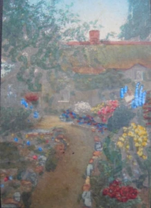 1914 RARO Wallace Nutting 2" x 3" miniatura A Garden of Larkspur firmado a mano - Imagen 1 de 3