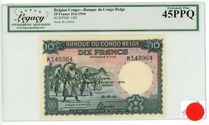 Belgian congo … P-14D … 10 Francs … 1944 … *XF-AU*. (45)  PPQ - Picture 1 of 2