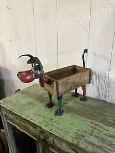 Rustic Primitive Metal Dog Farmhouse Decor Vintage Wooden Brick Mold Box - Picture 1 of 5