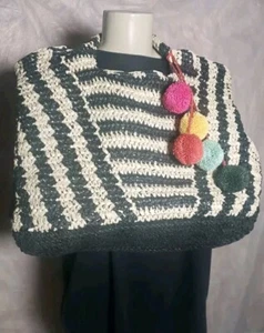 Venus Straw Boho Black Striped Pom Pom Beach Tote Bag Handbag Large 21x20 Spa - Picture 1 of 12