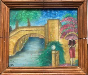 ::ÖLGEMÄLDE MONOGR.S.A. ROMANTISCHE BRÜCKE MIT MÄDCHEN UND SONNENSCHIRM - Bild 1 von 5