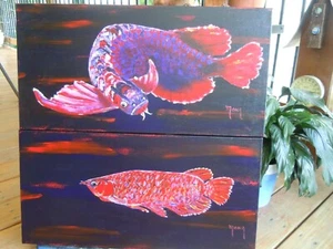 AROWANA PEZ DRAGÓN ROJO ASIÁTICO, PAR MACHO Y HEMBRA 12" X 24" Lona Acrílica en Caja - Imagen 1 de 10