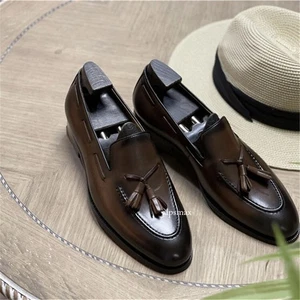 Tassels Slip On Loafers Formal Dress Party Real Leather Mens Business Flat Shoes - Picture 1 of 26