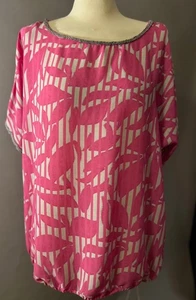 Alfani Pink Leaf Print Beaded Collar Top - Size 14 - Picture 1 of 3