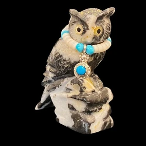 Zuni Fetish by Eddington Hannaweeke, Zebra Marble Owl w/ Necklace, 2" L - Picture 1 of 11