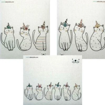 SWEDEDISHCLOTHS Mixed Caticorn Set of 3 cloths Swedish Dishcloths (one of each design)