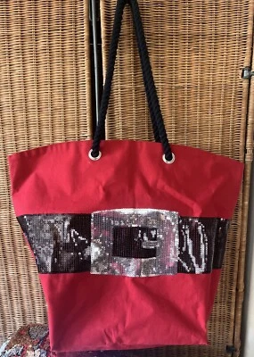 Holiday Christmas Tote Bag Large Jute Santa Dazzle Shopping Festive Sequins - Image 1 of 4